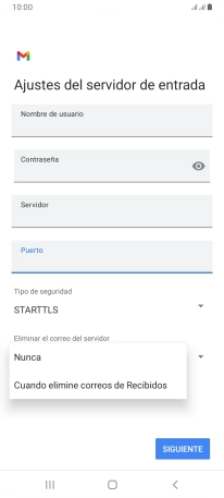 Pulsa Nunca para conservar los correos electrónicos en el servidor cuando los borras del teléfono. Pulsa Nunca para conservar los correos electrónicos en el servidor cuando los borras del teléfono.