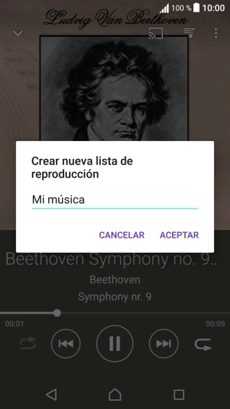 Introduce el nombre deseado de la lista de reproducción y pulsa ACEPTAR. Introduce el nombre deseado de la lista de reproducción y pulsa ACEPTAR.