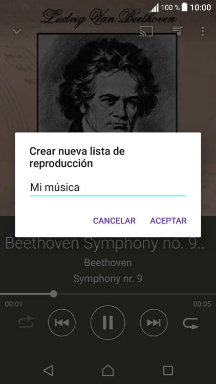 Introduce el nombre deseado de la lista de reproducción y pulsa ACEPTAR. Introduce el nombre deseado de la lista de reproducción y pulsa ACEPTAR.