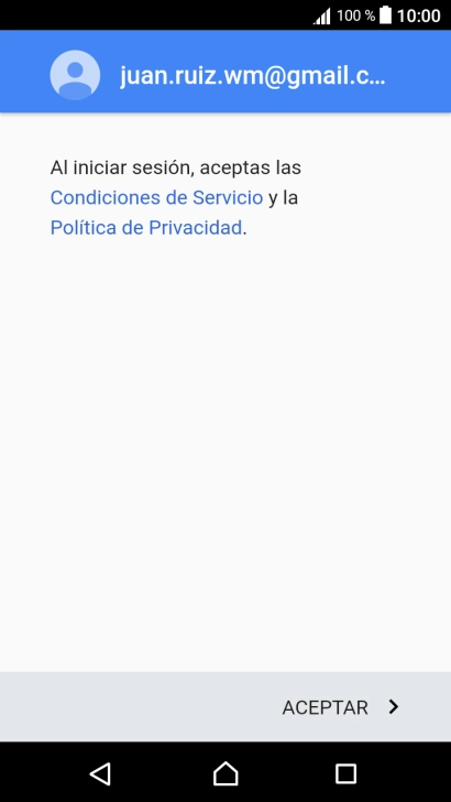 Pulsa ACEPTAR y sigue las indicaciones de la pantalla para seleccionar los ajustes de tu cuenta de Google. Pulsa ACEPTAR y sigue las indicaciones de la pantalla para seleccionar los ajustes de tu cuenta de Google.