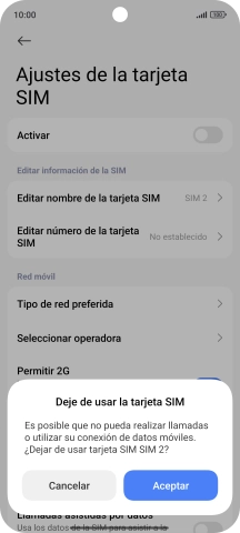 Si deseas desactivar el uso de la línea móvil (SIM), pulsa Aceptar. Si deseas desactivar el uso de la línea móvil (SIM), pulsa Aceptar.