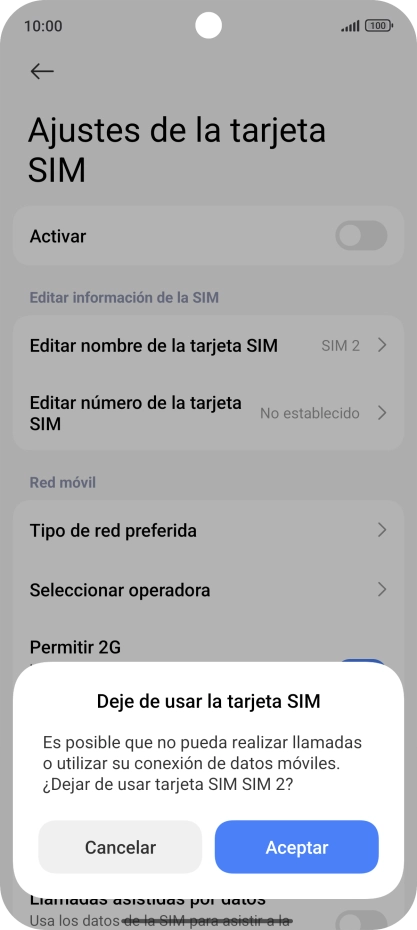 Si deseas desactivar el uso de la línea móvil (SIM), pulsa Aceptar. Si deseas desactivar el uso de la línea móvil (SIM), pulsa Aceptar.