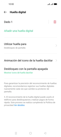 Pulsa el icono de eliminar junto a la huella digital que deseas borrar. Pulsa el icono de eliminar junto a la huella digital que deseas borrar.