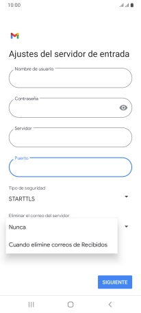 Pulsa Nunca para conservar los correos electrónicos en el servidor cuando los borras del teléfono. Pulsa Nunca para conservar los correos electrónicos en el servidor cuando los borras del teléfono.