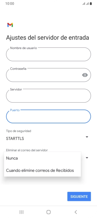 Pulsa Nunca para conservar los correos electrónicos en el servidor cuando los borras del teléfono. Pulsa Nunca para conservar los correos electrónicos en el servidor cuando los borras del teléfono.
