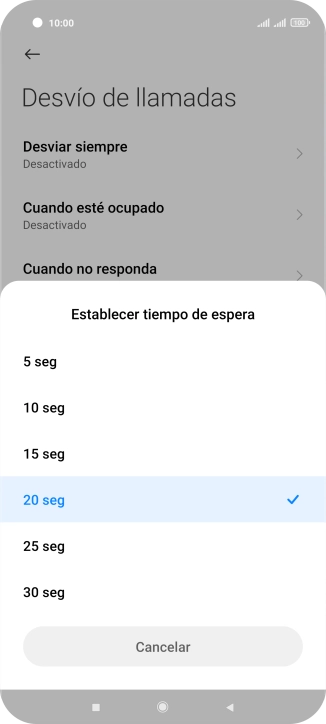 Si desvías las llamadas perdidas, tendrás que seleccionar un retardo para el desvío. Pulsa el retardo deseado y sigue las indicaciones de la pantalla para seleccionar el retardo deseado del desvío.