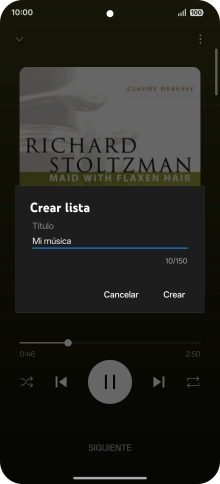 Introduce el nombre deseado de la lista de reproducción y pulsa Crear. Introduce el nombre deseado de la lista de reproducción y pulsa Crear.