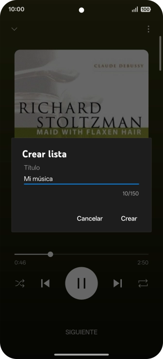 Introduce el nombre deseado de la lista de reproducción y pulsa Crear. Introduce el nombre deseado de la lista de reproducción y pulsa Crear.