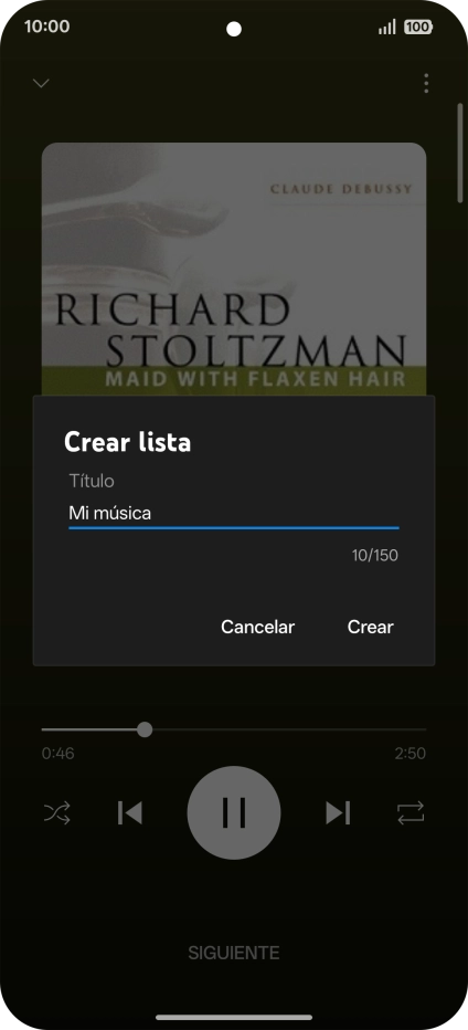 Introduce el nombre deseado de la lista de reproducción y pulsa Crear. Introduce el nombre deseado de la lista de reproducción y pulsa Crear.