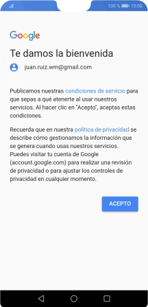 Pulsa ACEPTO y sigue las indicaciones de la pantalla para seleccionar los ajustes de tu cuenta de Google. Pulsa ACEPTO y sigue las indicaciones de la pantalla para seleccionar los ajustes de tu cuenta de Google.