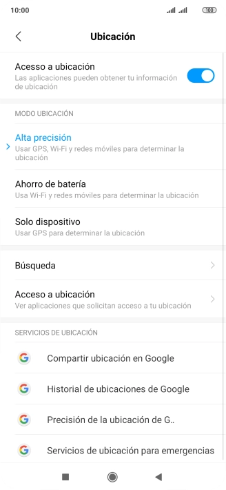 Si seleccionas Alta precisión, el teléfono podrá encontrar tu posición exacta con ayuda de los satélites GPS, la red móvil y una red wifi cercana. El GPS por satélite requiere vista libre al cielo. Si seleccionas Alta precisión, el teléfono podrá encontrar tu posición exacta con ayuda de los satélites GPS, la red móvil y una red wifi cercana. El GPS por satélite requiere vista libre al cielo.