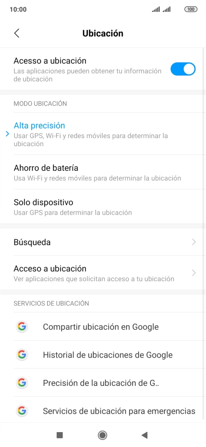 Si seleccionas Alta precisión, el teléfono podrá encontrar tu posición exacta con ayuda de los satélites GPS, la red móvil y una red wifi cercana. El GPS por satélite requiere vista libre al cielo. Si seleccionas Alta precisión, el teléfono podrá encontrar tu posición exacta con ayuda de los satélites GPS, la red móvil y una red wifi cercana. El GPS por satélite requiere vista libre al cielo.