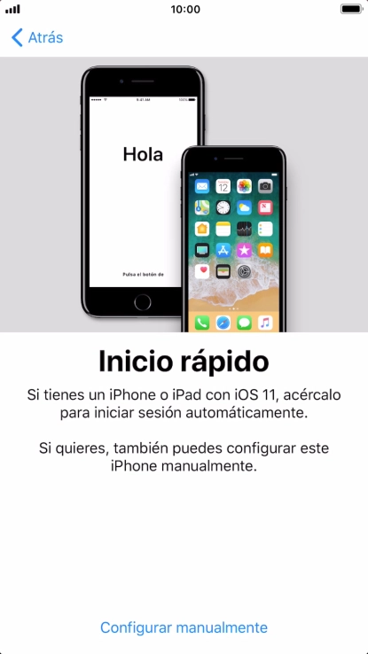 Sigue las indicaciones de la pantalla para transferir contenido de otro dispositivo iOS11 o pulsa Configurar manualmente. Sigue las indicaciones de la pantalla para transferir contenido de otro dispositivo iOS11 o pulsa Configurar manualmente.