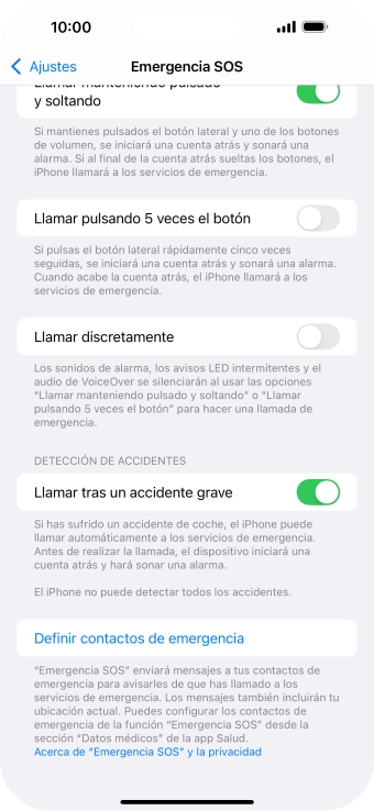 Pulsa Definir contactos de emergencia y sigue las indicaciones de la pantalla para insertar la información y tus contactos de emergencia.
