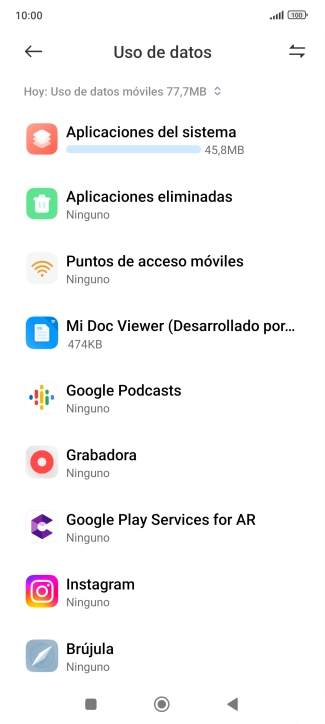 El consumo de datos por cada aplicación aparece bajo el nombre de la aplicación. El consumo de datos por cada aplicación aparece bajo el nombre de la aplicación.