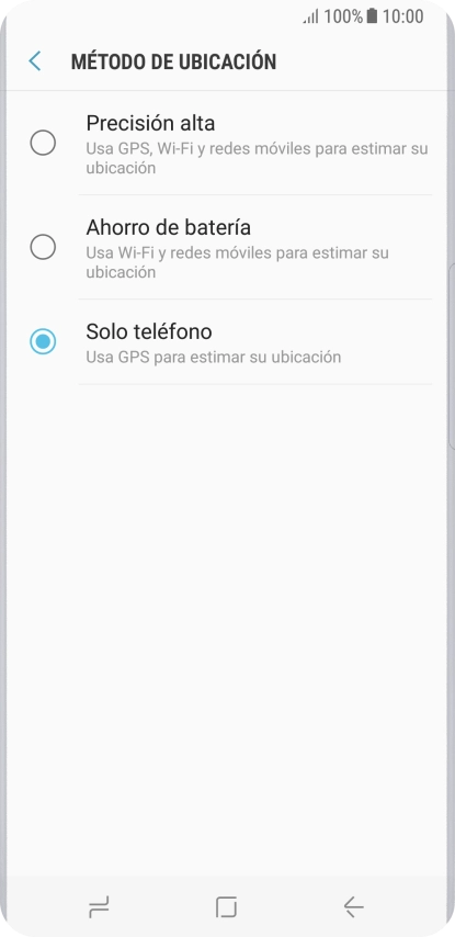 Si seleccionas Precisión alta, el teléfono podrá encontrar tu posición exacta con ayuda de los satélites GPS, la red móvil y una red wifi cercana. El GPS por satélite requiere vista libre al cielo. Si seleccionas Precisión alta, el teléfono podrá encontrar tu posición exacta con ayuda de los satélites GPS, la red móvil y una red wifi cercana. El GPS por satélite requiere vista libre al cielo.