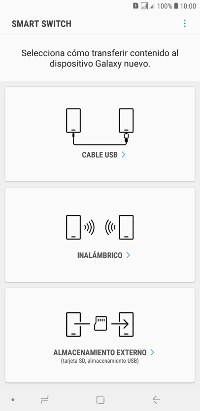 Pulsa el tipo de conexión deseado y sigue las instrucciones de la pantalla para transferir el contenido. Pulsa el tipo de conexión deseado y sigue las instrucciones de la pantalla para transferir el contenido.