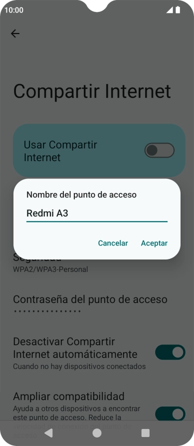 Introduce el nombre deseado de la conexión Wi-Fi y pulsa Aceptar. Introduce el nombre deseado de la conexión Wi-Fi y pulsa Aceptar.