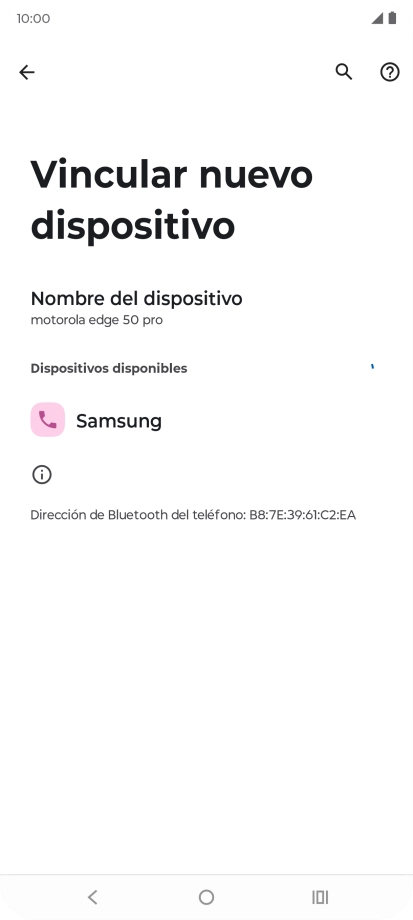 Pulsa el dispositivo Bluetooth deseado y sigue las indicaciones de la pantalla para vincular el dispositivo al teléfono. Pulsa el dispositivo Bluetooth deseado y sigue las indicaciones de la pantalla para vincular el dispositivo al teléfono.