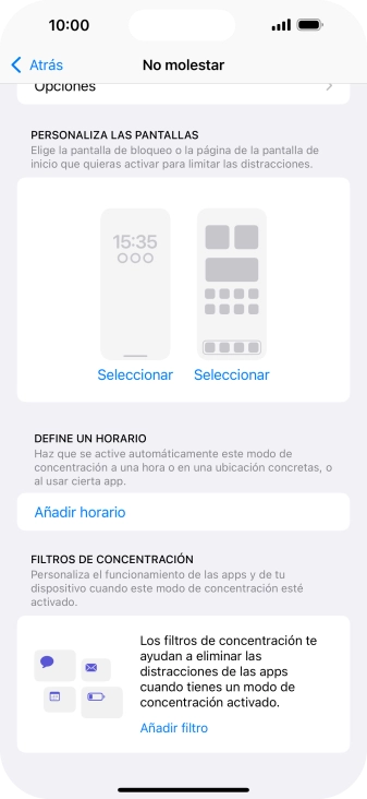Pulsa Añadir horario y sigue las indicaciones de la pantalla para seleccionar los ajustes de la activación automática de No molestar. Pulsa Añadir horario y sigue las indicaciones de la pantalla para seleccionar los ajustes de la activación automática de No molestar.