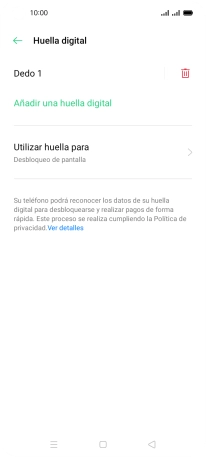 Pulsa el icono de eliminar junto a la huella digital que deseas borrar. Pulsa el icono de eliminar junto a la huella digital que deseas borrar.