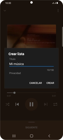 Introduce el nombre deseado de la lista de reproducción y pulsa CREAR. Introduce el nombre deseado de la lista de reproducción y pulsa CREAR.