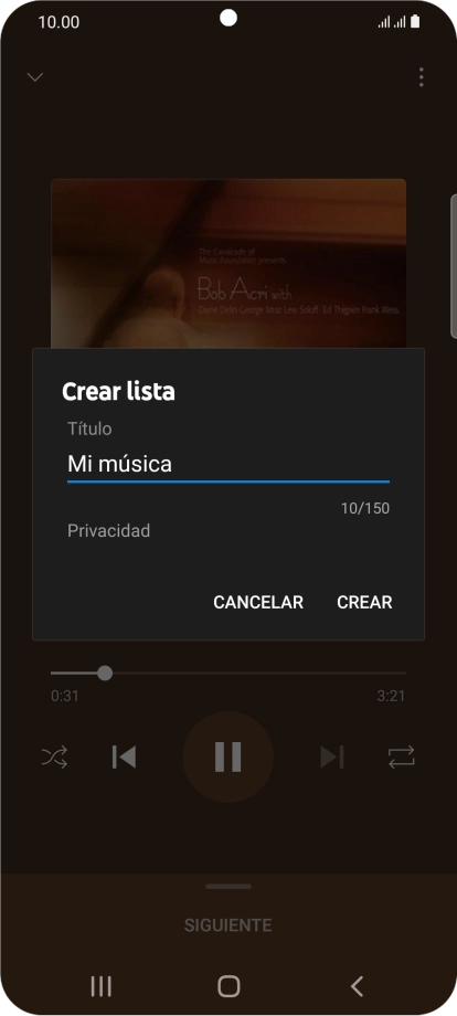 Introduce el nombre deseado de la lista de reproducción y pulsa CREAR. Introduce el nombre deseado de la lista de reproducción y pulsa CREAR.