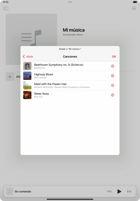 Desplázate a la categoría deseada y pulsa el icono de añadir junto al archivo de música correspondiente. Desplázate a la categoría deseada y pulsa el icono de añadir junto al archivo de música correspondiente.