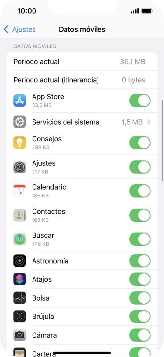 El consumo de datos por cada aplicación aparece bajo el nombre de la aplicación.