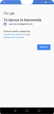 Pulsa ACEPTO y sigue las indicaciones de la pantalla para seleccionar los ajustes de tu cuenta de Google. Pulsa ACEPTO y sigue las indicaciones de la pantalla para seleccionar los ajustes de tu cuenta de Google.