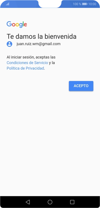 Pulsa ACEPTO y sigue las indicaciones de la pantalla para seleccionar los ajustes de tu cuenta de Google. Pulsa ACEPTO y sigue las indicaciones de la pantalla para seleccionar los ajustes de tu cuenta de Google.
