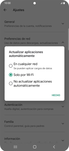 Para activar la actualización automática de apps utilizando la red móvil, pulsa En cualquier red.