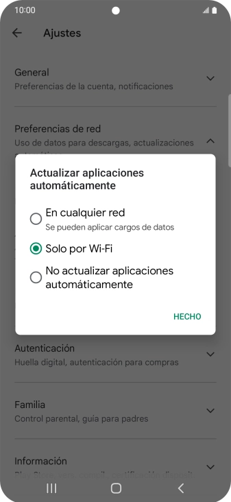 Para activar la actualización automática de apps utilizando la red móvil, pulsa En cualquier red.
