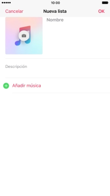 Pulsa en el campo de escritura e introduce el nombre de la lista de reproducción. Pulsa en el campo de escritura e introduce el nombre de la lista de reproducción.