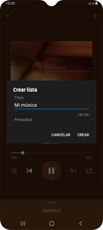 Introduce el nombre deseado de la lista de reproducción y pulsa CREAR. Introduce el nombre deseado de la lista de reproducción y pulsa CREAR.
