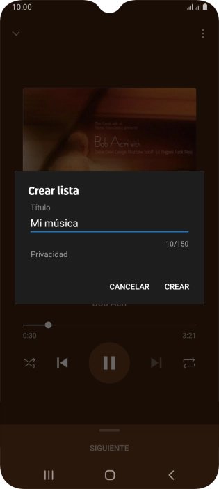 Introduce el nombre deseado de la lista de reproducción y pulsa CREAR. Introduce el nombre deseado de la lista de reproducción y pulsa CREAR.