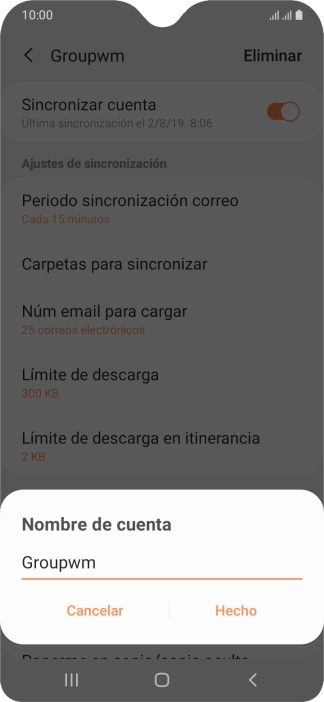 Introduce el nombre deseado de la cuenta de correo electrónico y pulsa Hecho. Introduce el nombre deseado de la cuenta de correo electrónico y pulsa Hecho.