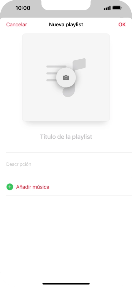 Pulsa en el campo de escritura e introduce el nombre de la lista de reproducción. Pulsa en el campo de escritura e introduce el nombre de la lista de reproducción.