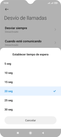 Si desvías las llamadas perdidas, tendrás que seleccionar un retardo para el desvío. Pulsa el retardo deseado y sigue las indicaciones de la pantalla para seleccionar el retardo deseado del desvío.