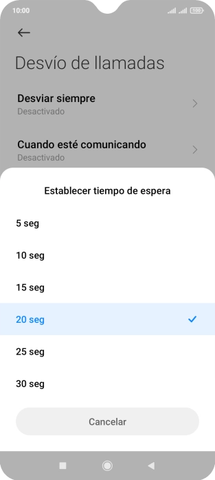 Si desvías las llamadas perdidas, tendrás que seleccionar un retardo para el desvío. Pulsa el retardo deseado y sigue las indicaciones de la pantalla para seleccionar el retardo deseado del desvío.