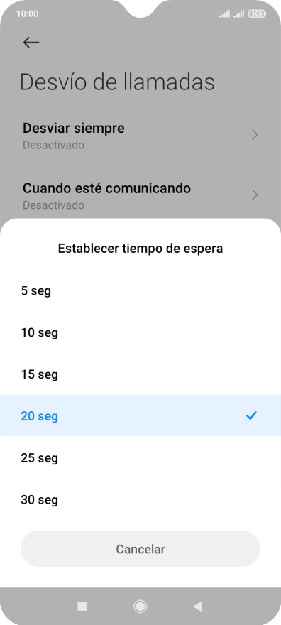 Si desvías las llamadas perdidas, tendrás que seleccionar un retardo para el desvío. Pulsa el retardo deseado y sigue las indicaciones de la pantalla para seleccionar el retardo deseado del desvío.