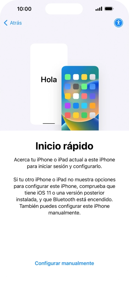 Sigue las indicaciones de la pantalla para transferir contenido de otro dispositivo iOS11 o con una versión más reciente o pulsa Configurar manualmente. Sigue las indicaciones de la pantalla para transferir contenido de otro dispositivo iOS11 o con una versión más reciente o pulsa Configurar manualmente.