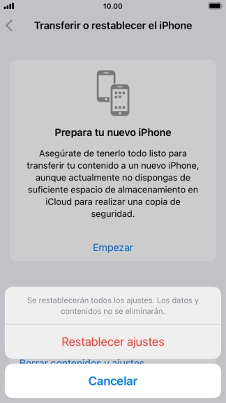 Pulsa Restablecer ajustes. Espera unos instantes mientras el teléfono restablece la configuración predeterminada. Sigue las indicaciones de la pantalla para configurar el teléfono y dejarlo listo para su uso. Pulsa Restablecer ajustes. Espera unos instantes mientras el teléfono restablece la configuración predeterminada. Sigue las indicaciones de la pantalla para configurar el teléfono y dejarlo listo para su uso.