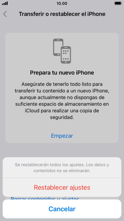 Pulsa Restablecer ajustes. Espera unos instantes mientras el teléfono restablece la configuración predeterminada. Sigue las indicaciones de la pantalla para configurar el teléfono y dejarlo listo para su uso. Pulsa Restablecer ajustes. Espera unos instantes mientras el teléfono restablece la configuración predeterminada. Sigue las indicaciones de la pantalla para configurar el teléfono y dejarlo listo para su uso.