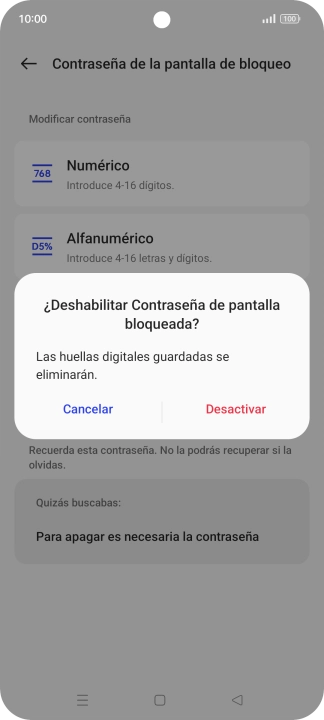 Pulsa Desactivar e introduce el código de seguridad extra que has creado anteriormente. Pulsa Desactivar e introduce el código de seguridad extra que has creado anteriormente.