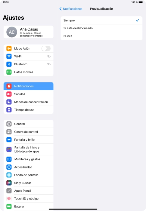 Para seleccionar la vista previa de las notificaciones en la pantalla de bloqueo, pulsa Siempre. Para seleccionar la vista previa de las notificaciones en la pantalla de bloqueo, pulsa Siempre.