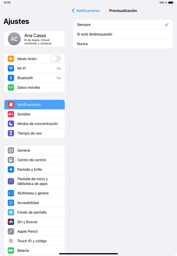 Para seleccionar la vista previa de las notificaciones en la pantalla de bloqueo, pulsa Siempre. Para seleccionar la vista previa de las notificaciones en la pantalla de bloqueo, pulsa Siempre.