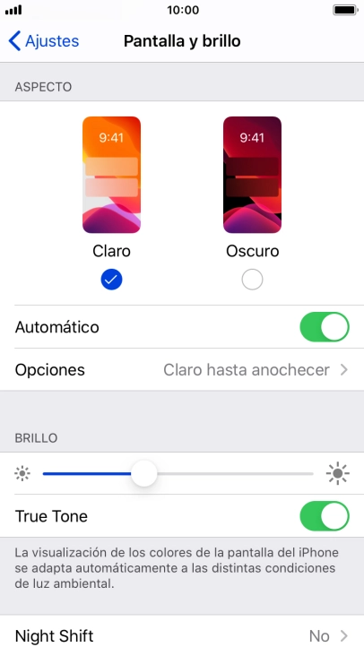 Si activas la función, pulsa Opciones y sigue las indicaciones de la pantalla para seleccionar el período de tiempo que debe durar el Modo Oscuro. Si activas la función, pulsa Opciones y sigue las indicaciones de la pantalla para seleccionar el período de tiempo que debe durar el Modo Oscuro.