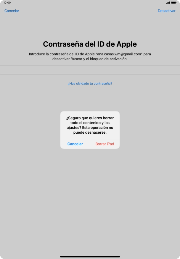 Pulsa Borrar iPad. Espera unos instantes mientras la tablet restablece la configuración predeterminada. Sigue las indicaciones de la pantalla para configurar la tablet y dejarla lista para su uso. Pulsa Borrar iPad. Espera unos instantes mientras la tablet restablece la configuración predeterminada. Sigue las indicaciones de la pantalla para configurar la tablet y dejarla lista para su uso.