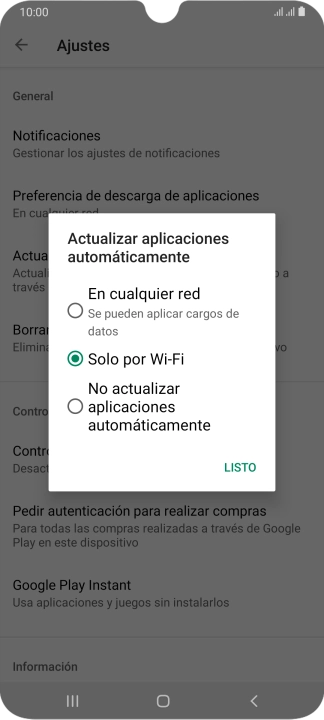 Para activar la actualización automática de apps utilizando la red móvil, pulsa En cualquier red.